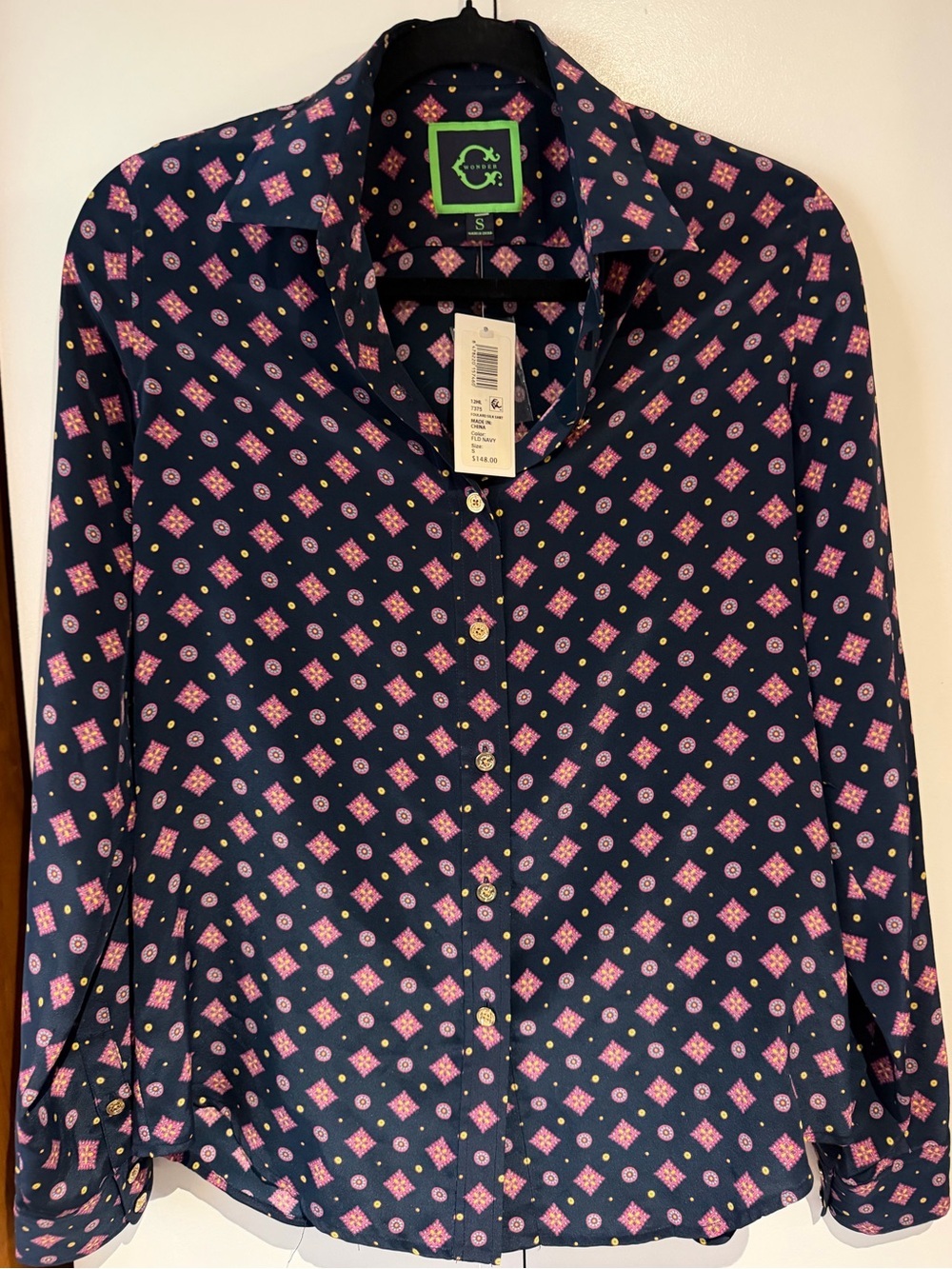 C. Wonder Foulard Silk Scarf-inspired Print Button Down Shirt - Size Small